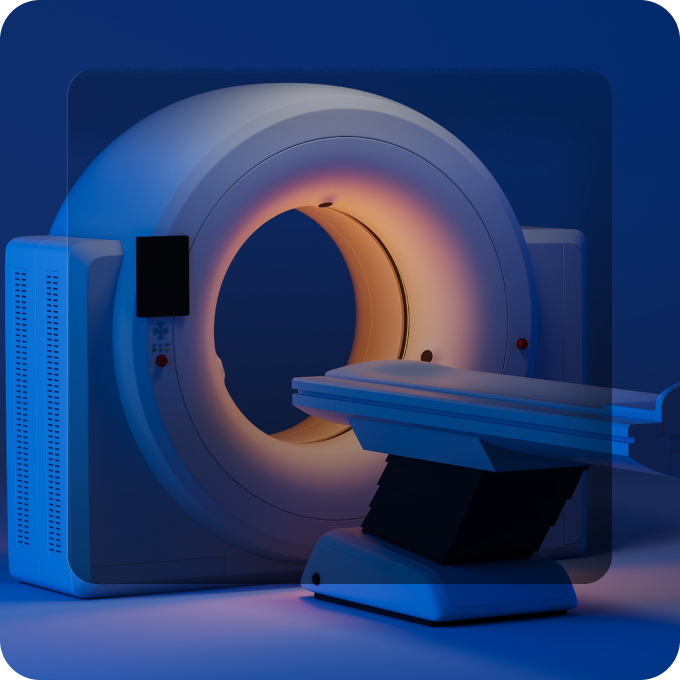 A modern MRI scanner with a circular opening illuminated by warm light, accompanied by a patient table extending outward in a blue-lit room.