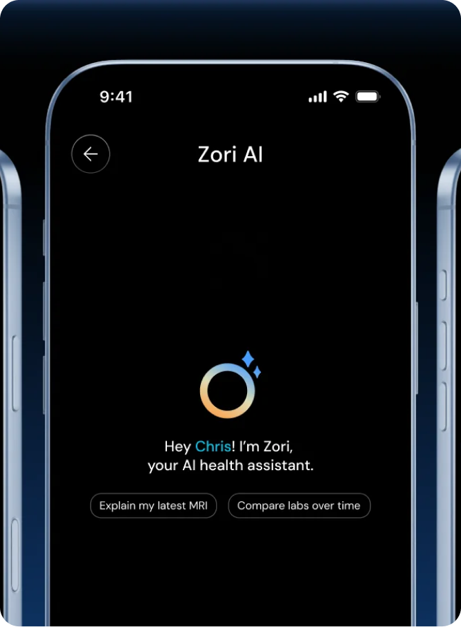 Smartphone screen shows Zori AI health assistant interface greeting user Chris and offering options to explain latest MRI or compare labs over time.