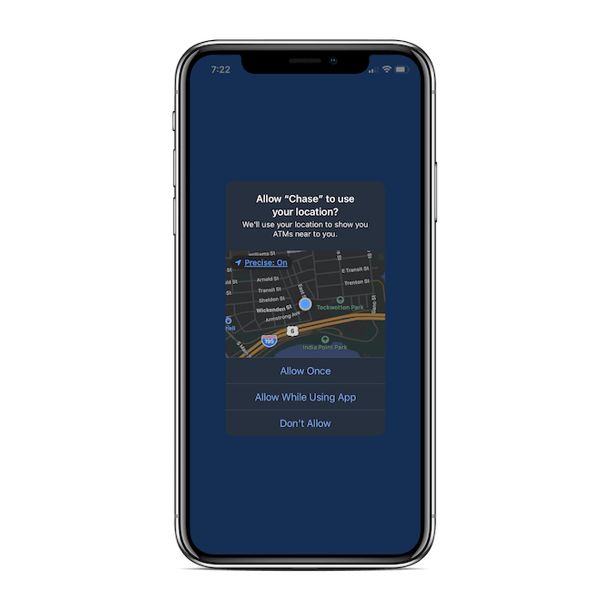 A phone screen displays a map asking the user for permission to access. 