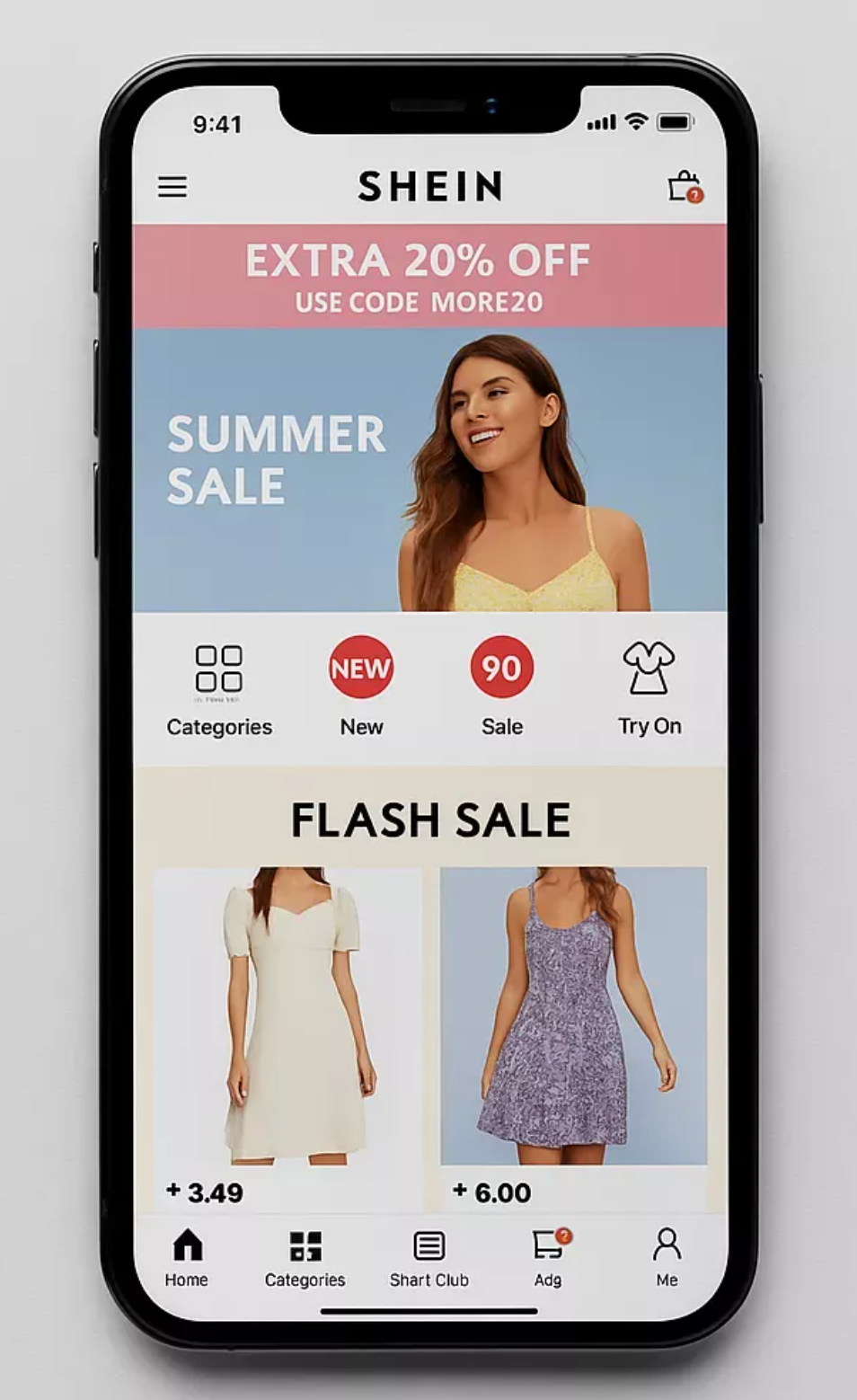 A menu screen displaying a summer sale promo for women’s dresses.