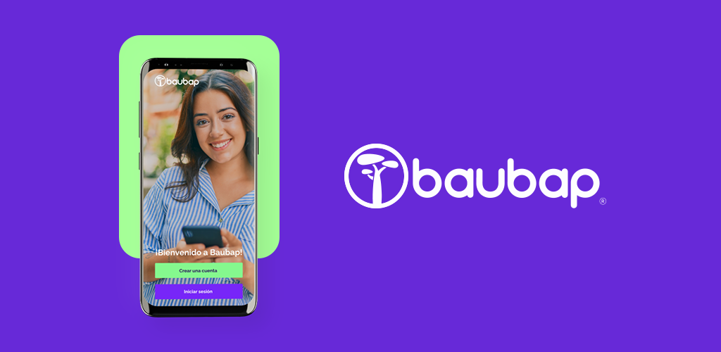 Phone displaying smiling woman against purple background and next to Baubap name/logo.