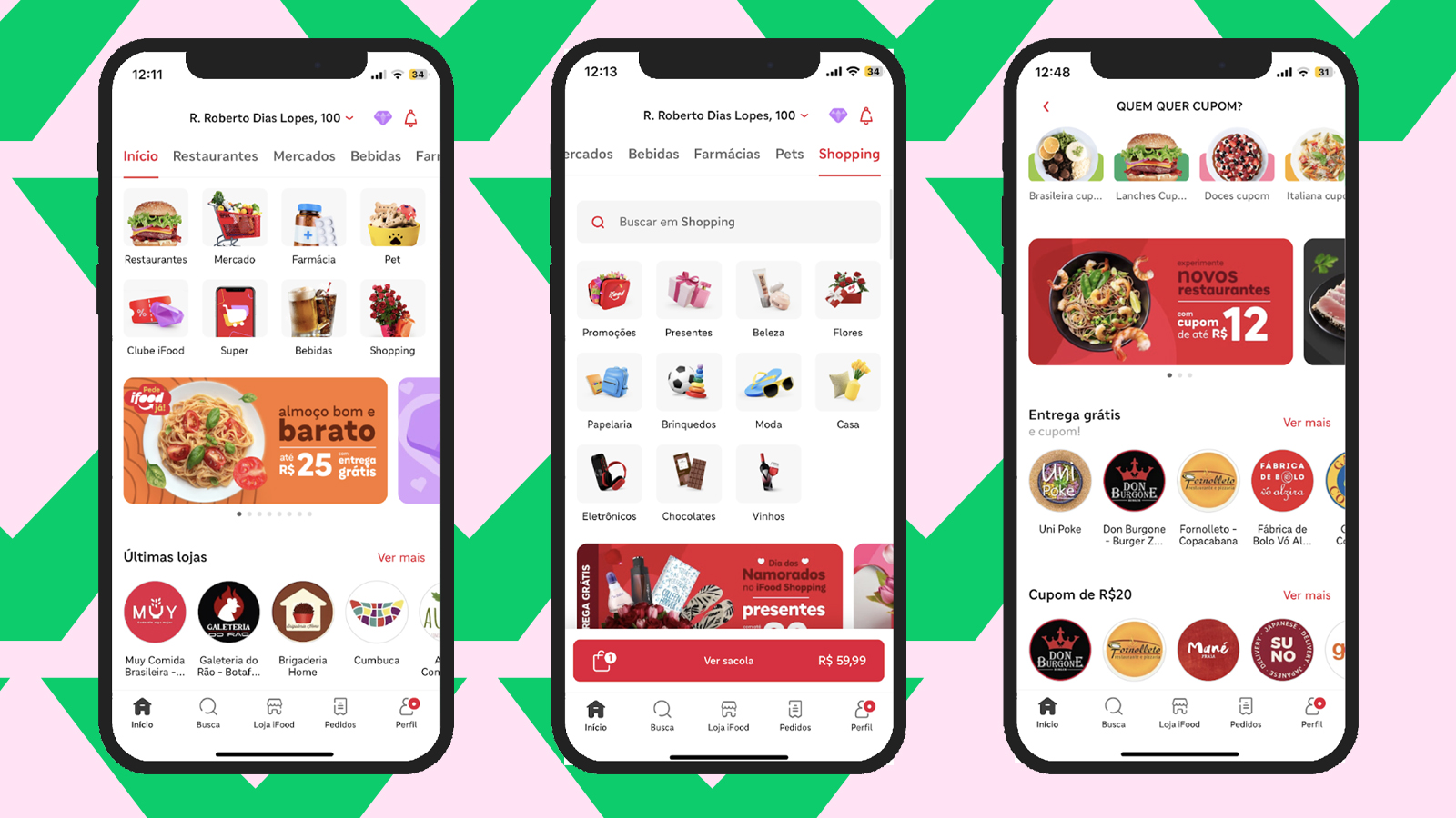 Three smartphone screens display a latin food delivery serve menu.