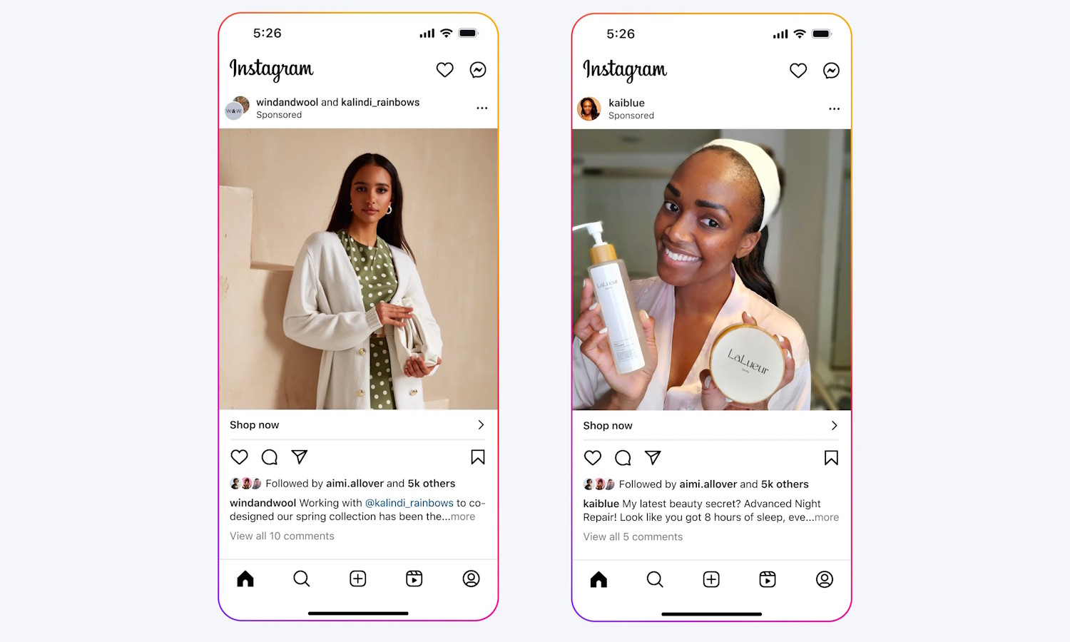 Two phone screens displaying instagram ads of women holding skin care products. 