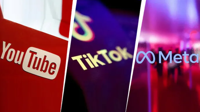 A screen split into three showing YouTube's, TikTok's & Meta's logo.