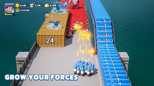Screenshot of Last War mobile game, with army of blue characters shooting red ones.