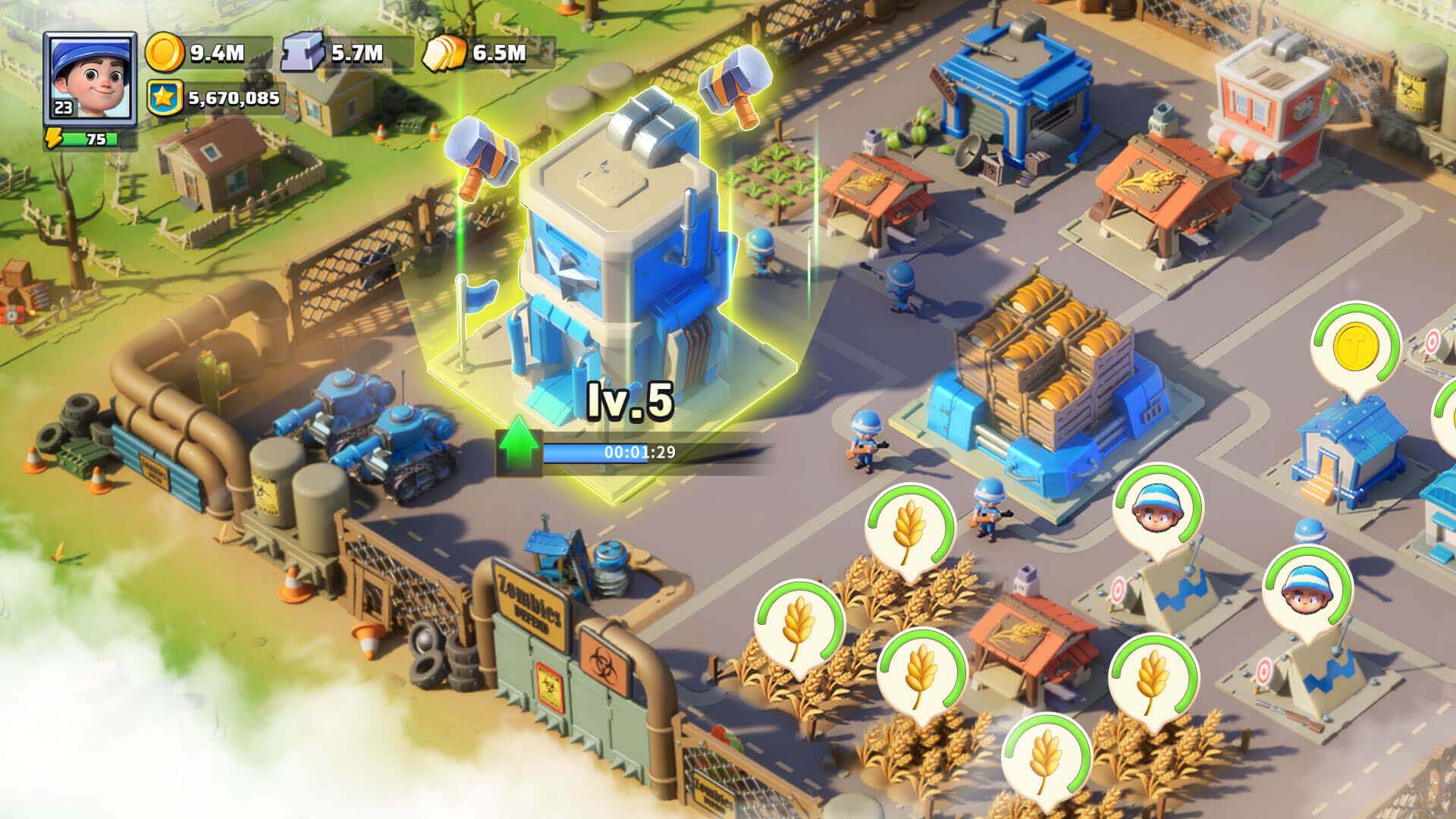 Screenshot of mobile game where users builds an army base filled with characters while leveling up on upgrades. 