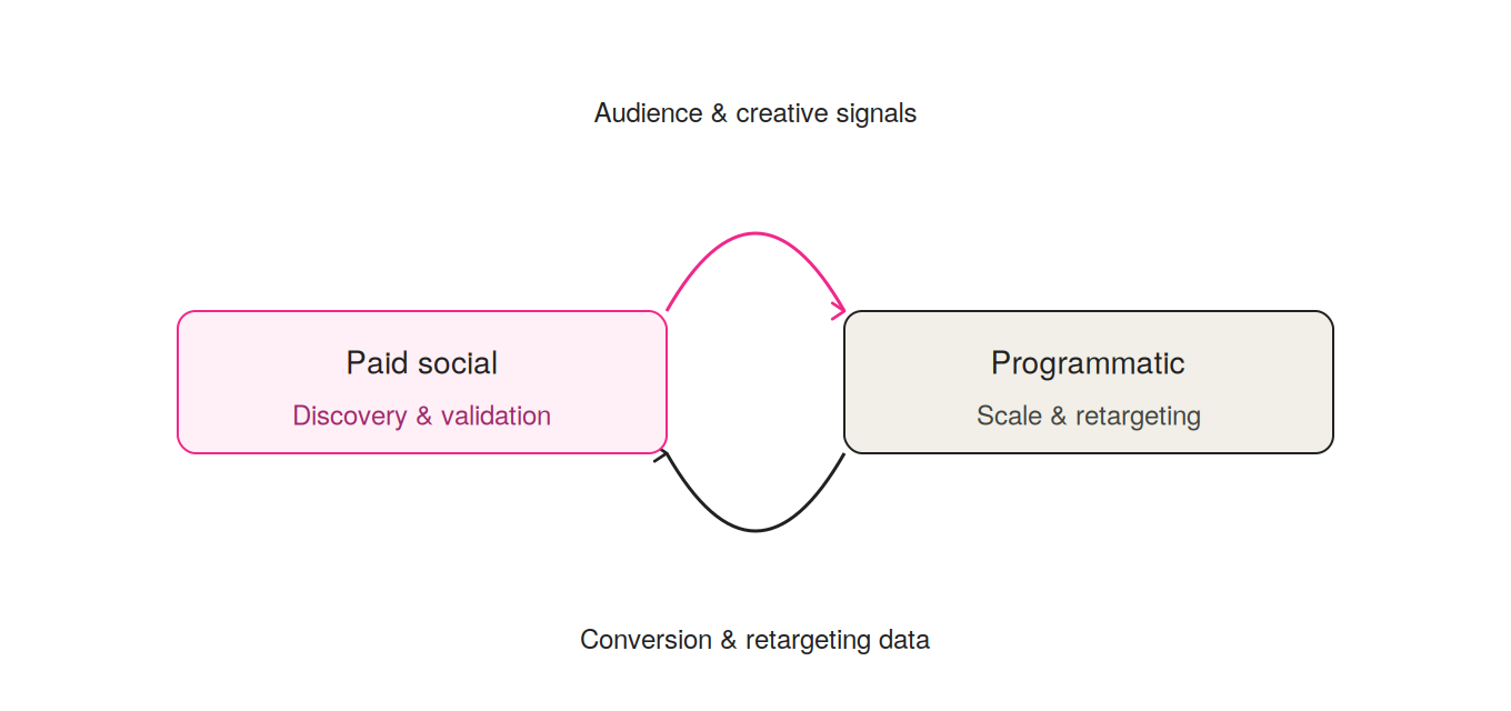 Two squares, one pink, one beige, connected by looped arrows explaining programmatic vs paid social.