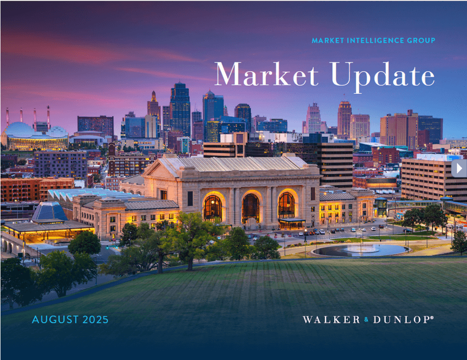 Skyline of a city at dusk, with a historic building in the foreground illuminated by warm lights. Text reads "Market Update, August 2025."