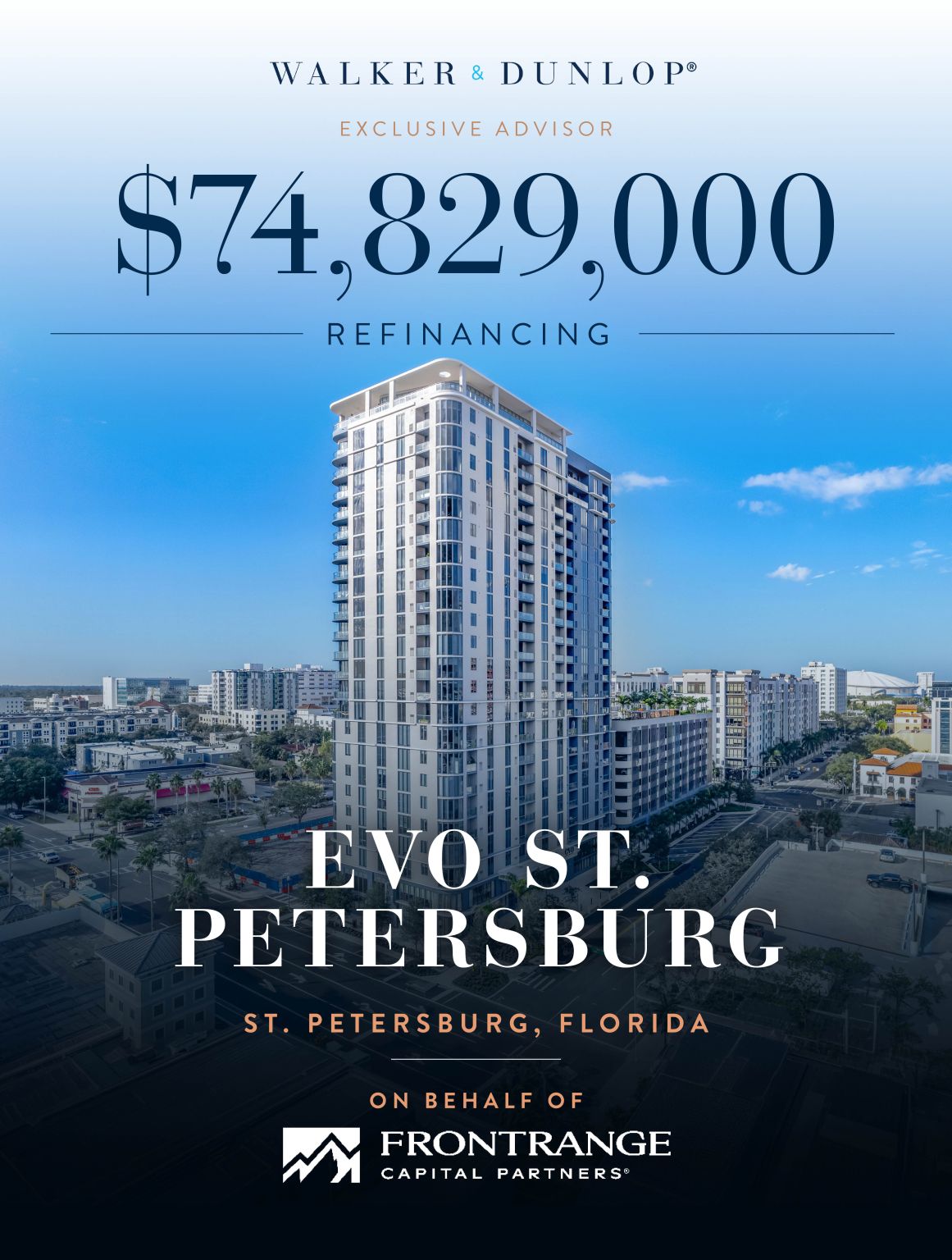 Walker & Dunlop, exclusive advisor, announces a $74,829,000 refinancing for Evo St. Petersburg in St. Petersburg, Florida, on behalf of Frontrange Capital Partners.