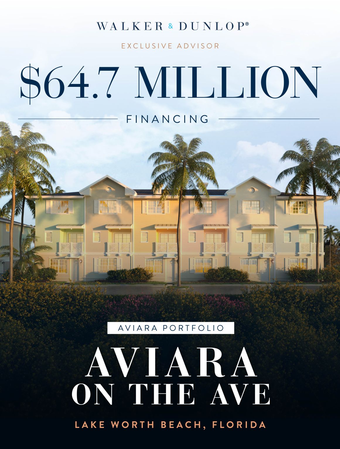 Walker & Dunlop served as the exclusive advisor for $64.7 million in financing for Aviara on the Ave, part of the Aviara Portfolio in Lake Worth Beach, Florida.