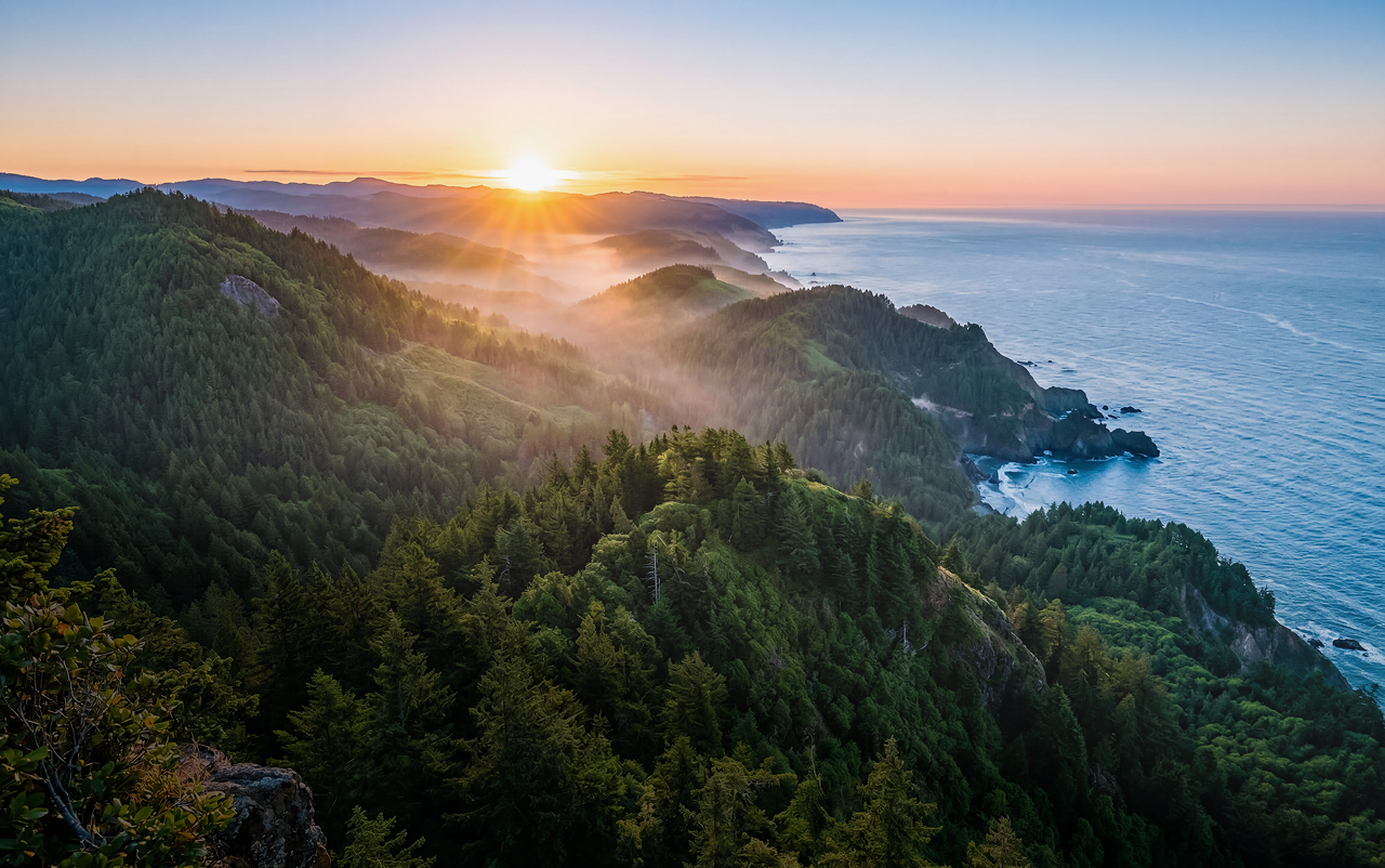 Sunset over a forested coastline with mist rising between green hills and the ocean on the right.