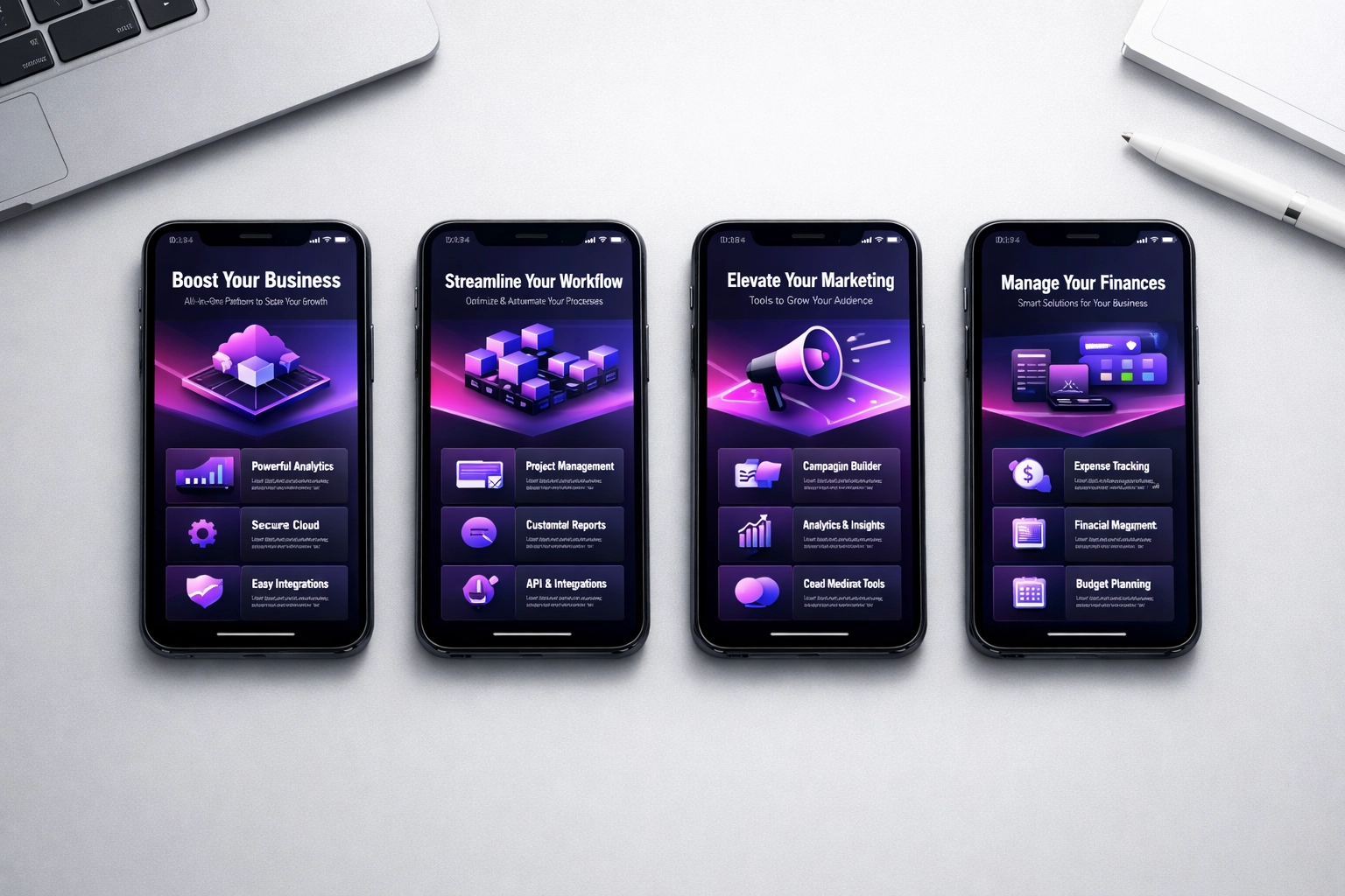 Multiple smartphones showing identical SaaS landing page templates, illustrating the problem of design sameness.