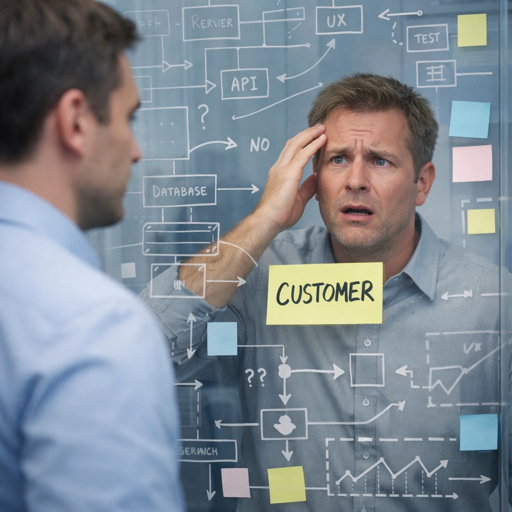 A founder studying complex diagrams while a customer looks confused, highlighting the need for messaging clarity.