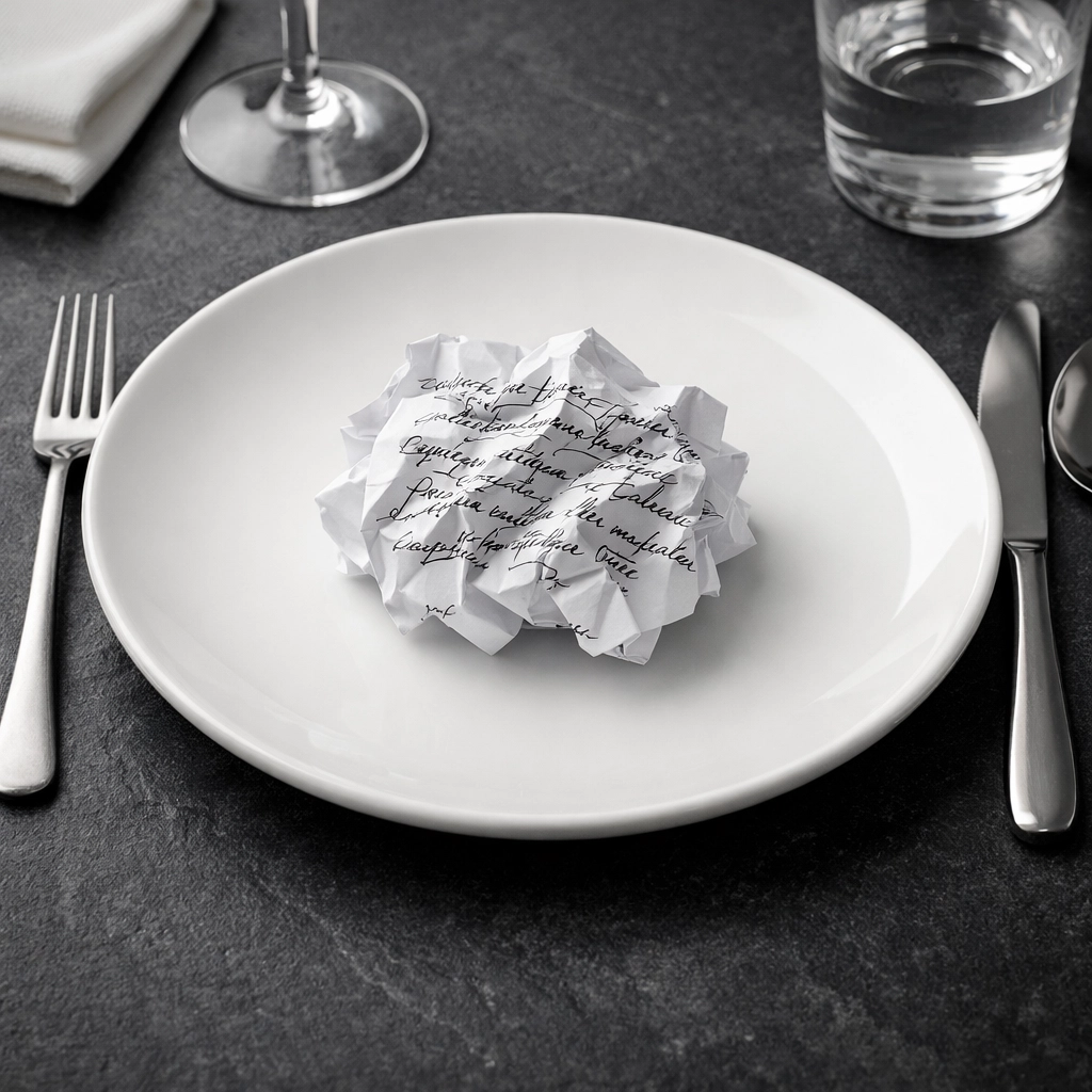 A crumpled note on a luxury plate, showing how confusing content ruins a great website layout and SaaS conversions.