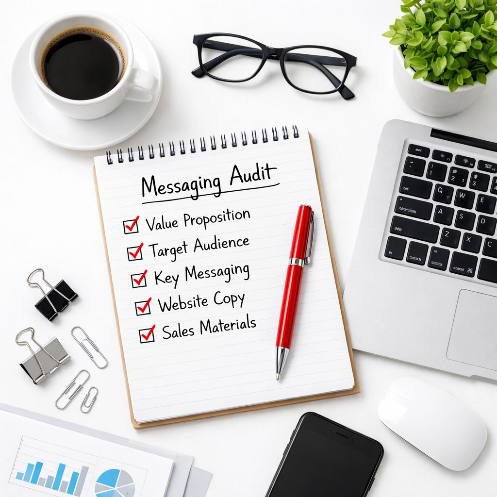 A workspace with a completed messaging audit checklist, illustrating steps for SaaS conversion rate optimization.