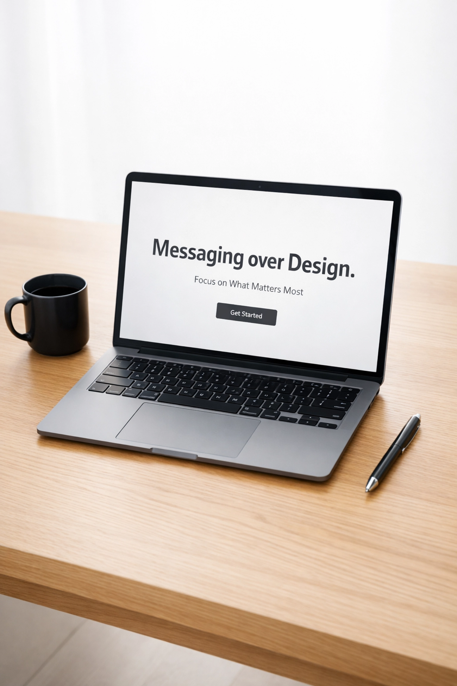 Laptop on a minimalist desk displaying a B2B SaaS landing page focused on clear messaging over design.