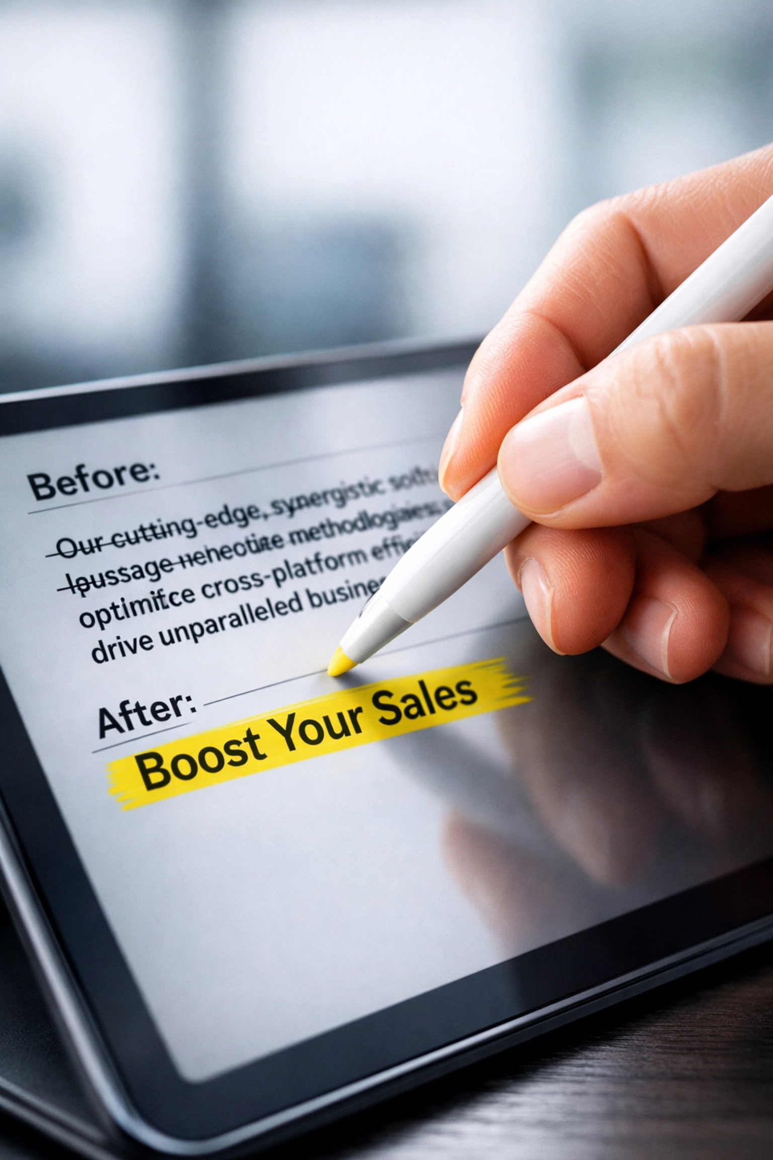 Editing SaaS website copy on a tablet to improve conversion rate by replacing jargon with a clear headline.