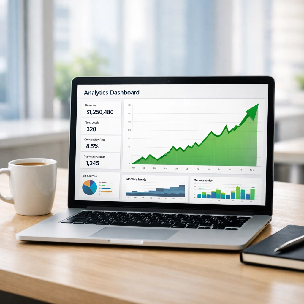 A B2B analytics dashboard showing a rising conversion rate graph, demonstrating high ROI on SaaS ad spend.