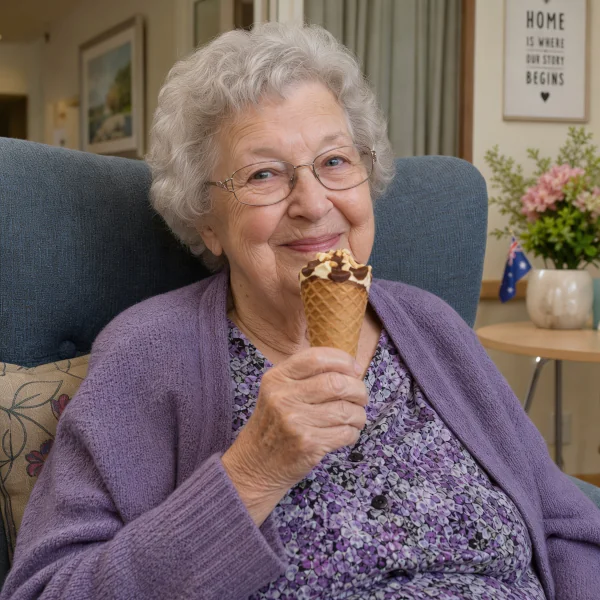 Female aged care resident eating a Drumstick ice cream while sitting in a comfy chair.