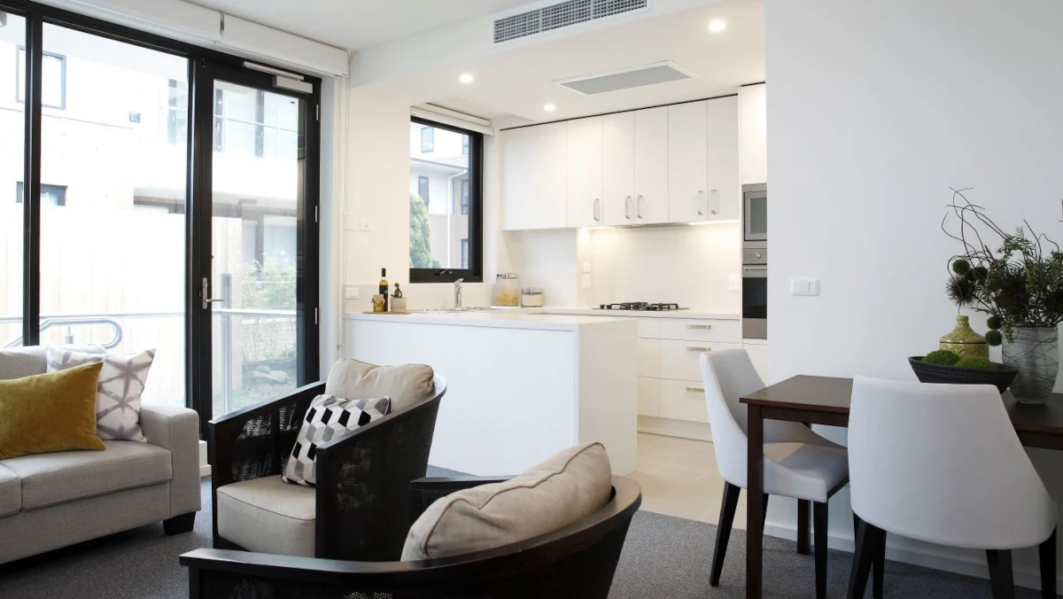 Open plan living, dinning and kitchen area of a Mayflower Brighton Independent living unit