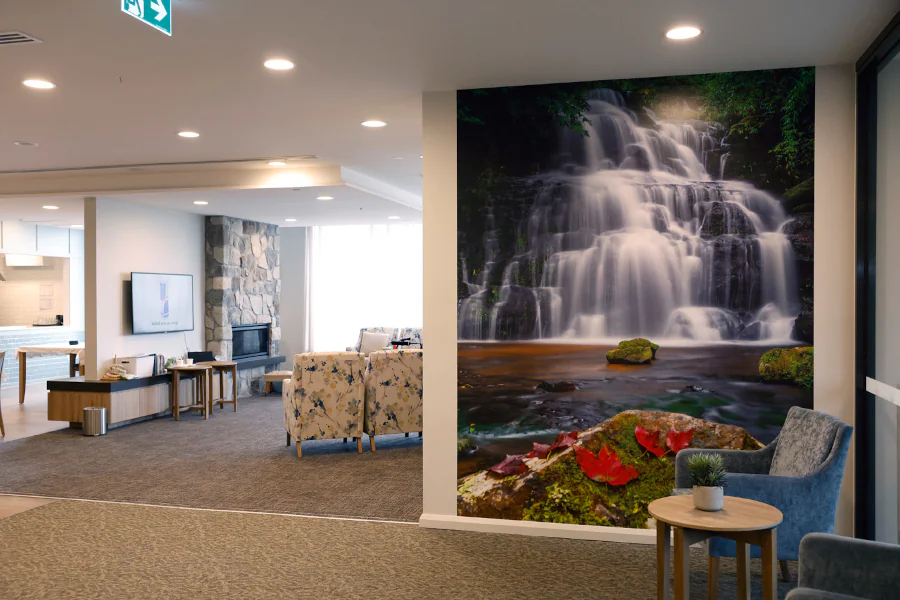 Scenes of nature such as waterfalls, gardens, and fields of flowers offering soothing vista