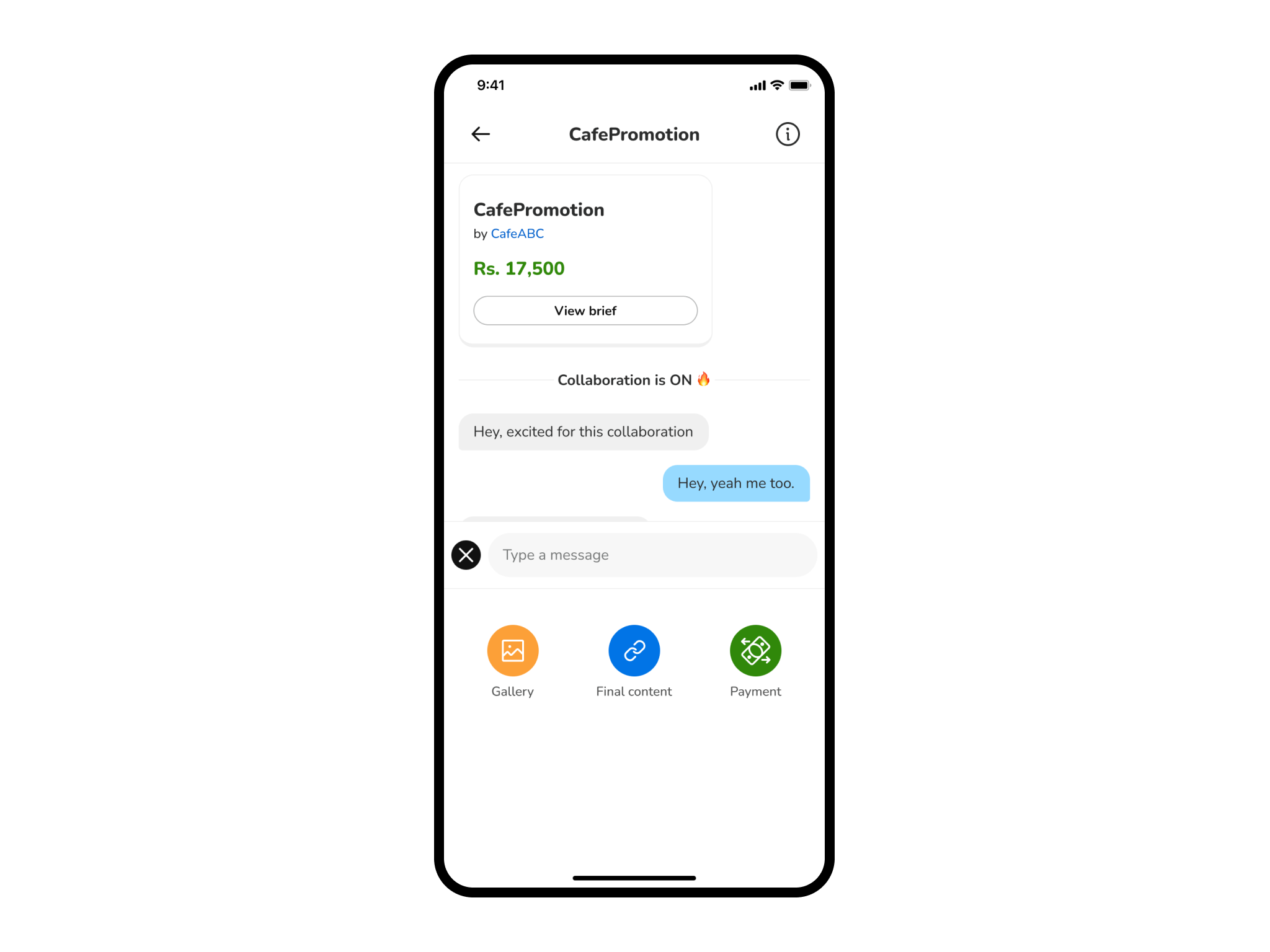 Image showing feature where creators can chat with brands and send content drafts, finalized work, and request payments.