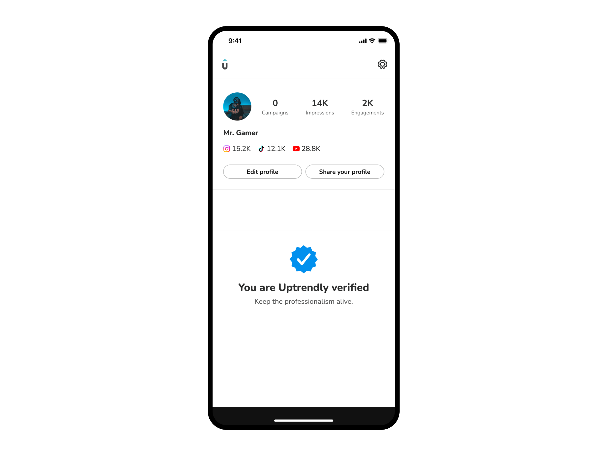 Image showing creators profile where they can connect social media handles, select their niche, and add their base location, making it easy for brands to discover and collaborate with them.