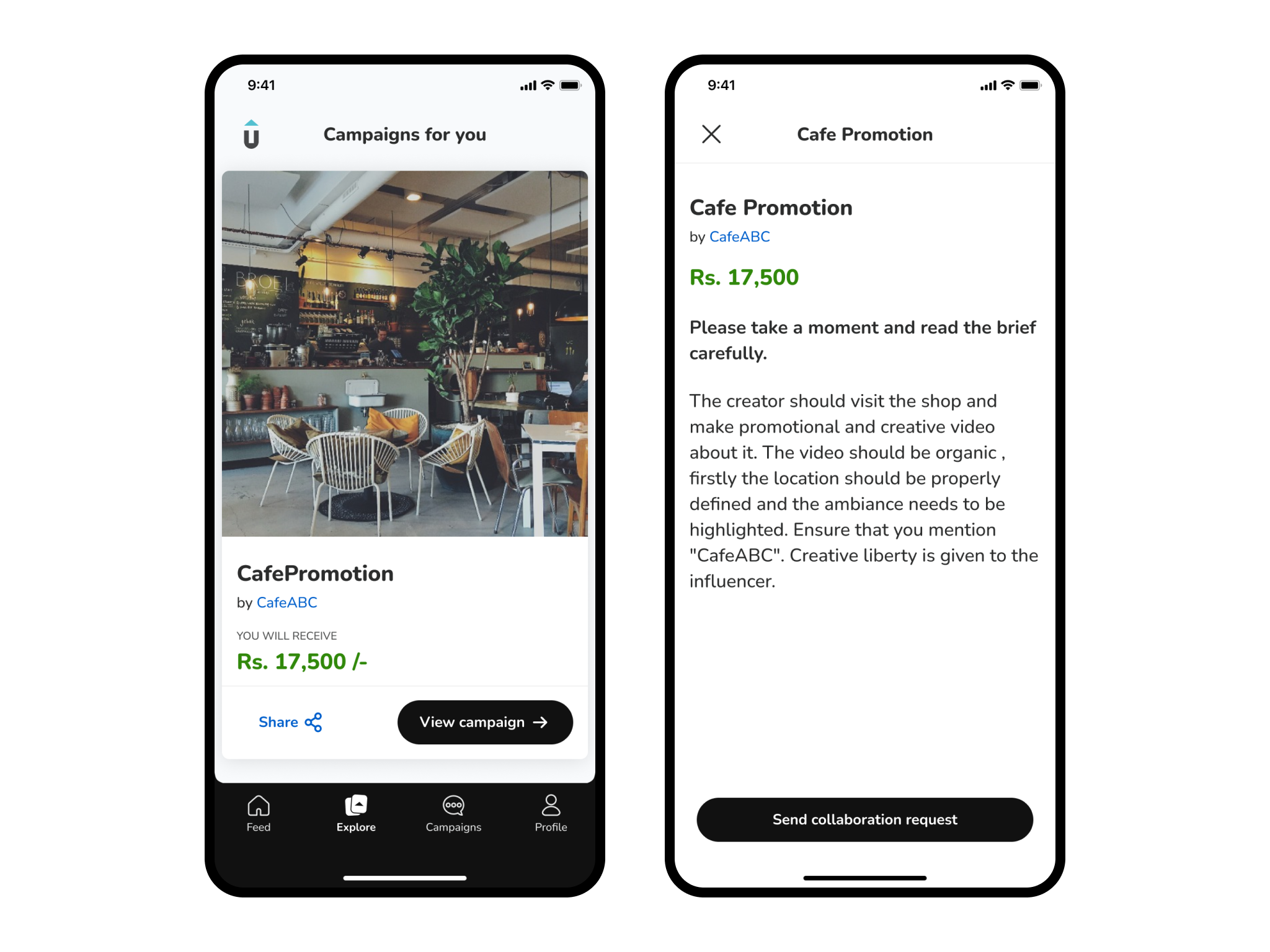 Image showing the mobile app feature where creators can send collaboration request to brands or let brands approach them.