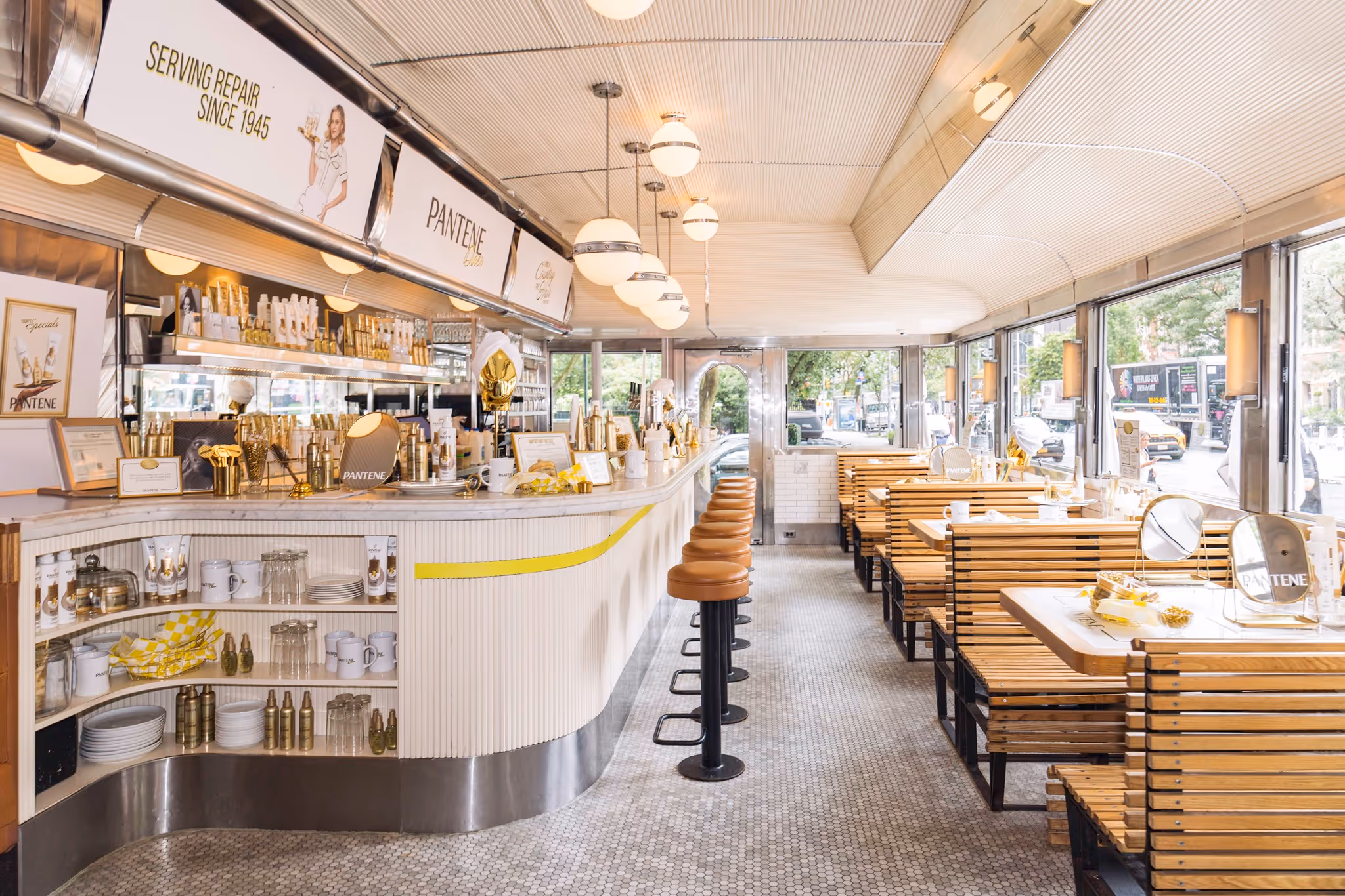 Interior of the Empire Diner styled like a cowboy-chic saloon for the Pantene dinner event.