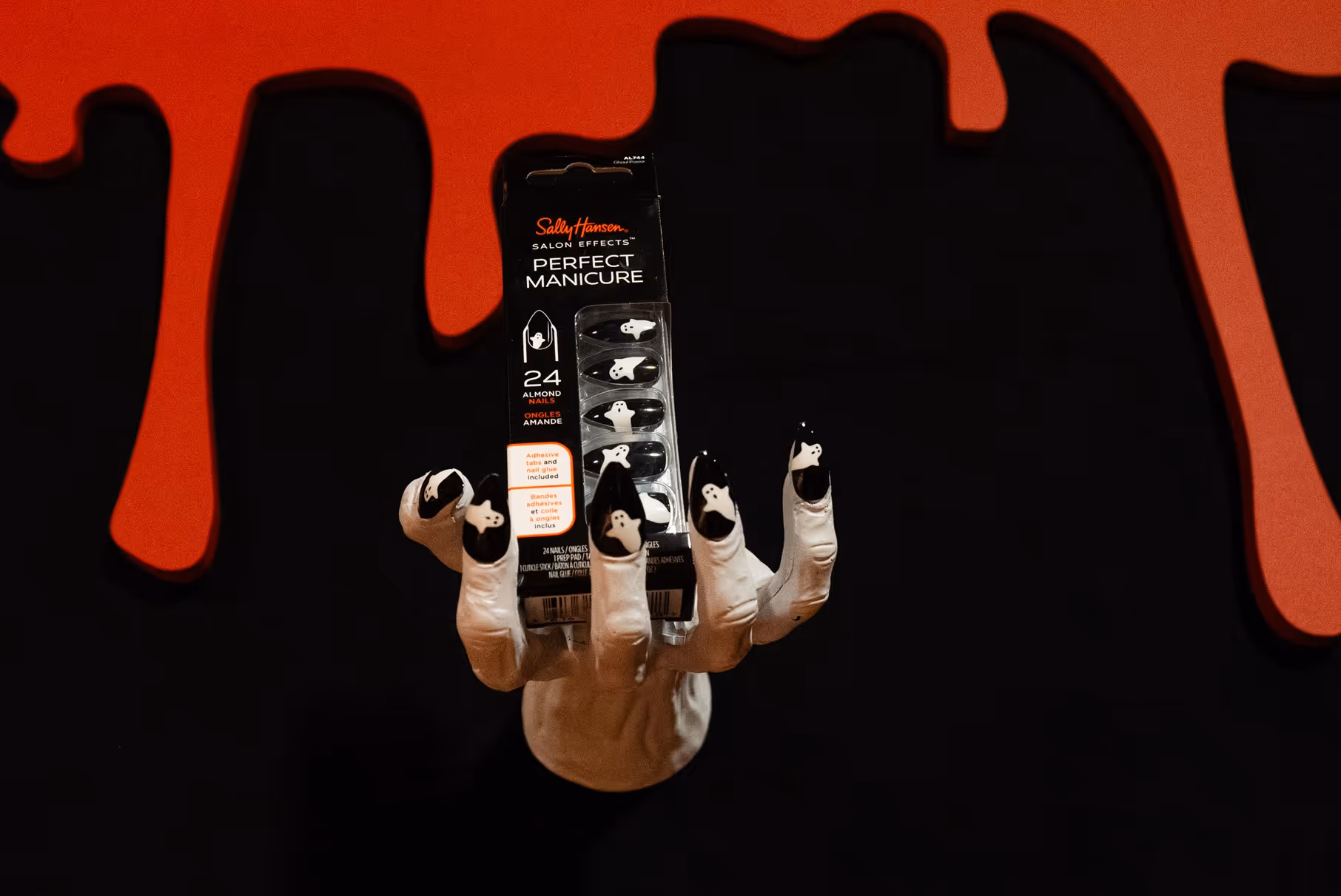 Close-up of a Halloween-themed manicure at the Sally Hansen launch event.