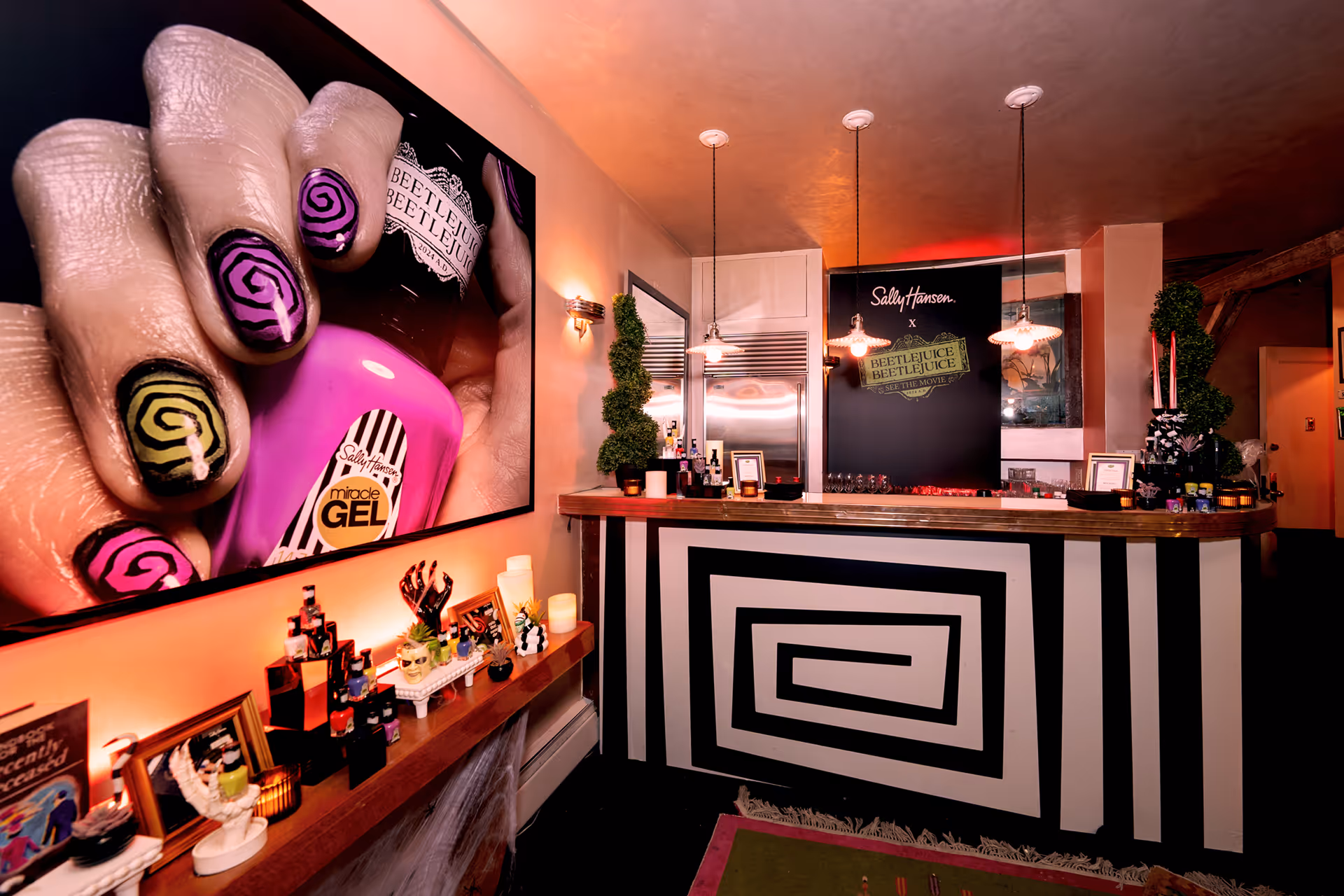 Bar area decorated for the Sally Hansen Halloween launch event.