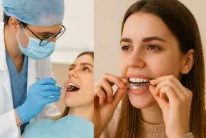 A Dentist treating his patient on one side and a girl putting clear aligners on the other side.