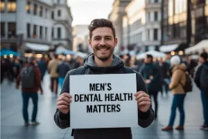 A man holding a placard with “Men’s Dental Health Matters” written on it