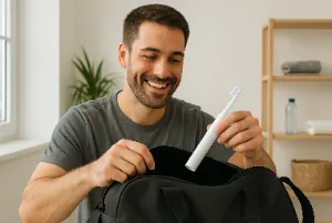 Man packing an electronic toothbrush in a gym bag