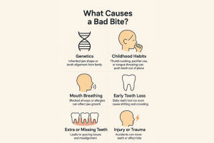 An infographic showing the causes of a bad bite.