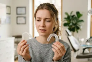 A girl holding clear aligners in her hands