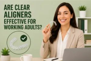 A girl holding clear aligners in an office with a blog statement and clear aligners