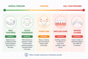 A pain scale from normal aligner pressure to
    warning signs, including mild tightness, tooth tenderness, sharp pain,
    swollen gums, and a broken aligner.