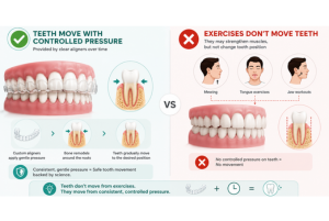 Illustration showing how clear aligners use
    controlled pressure to move teeth, unlike mewing and jaw exercises.