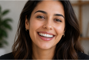  A woman smiling with clear aligners on her teeth. 
