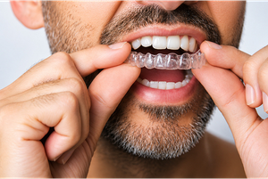 An adult man wearing clear aligners.