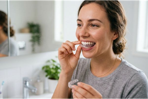 A woman wearing an aligner tray with another aligner in hand.