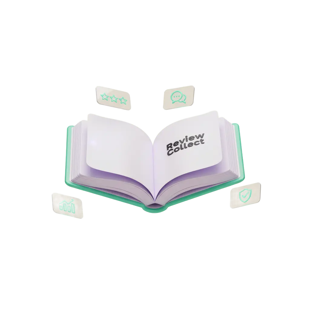 Dictionnaire 3D ouvert avec icônes glassmorphism étoiles avis chat graphiques flottants aux couleurs mint green et periwinkle sur fond isabelline