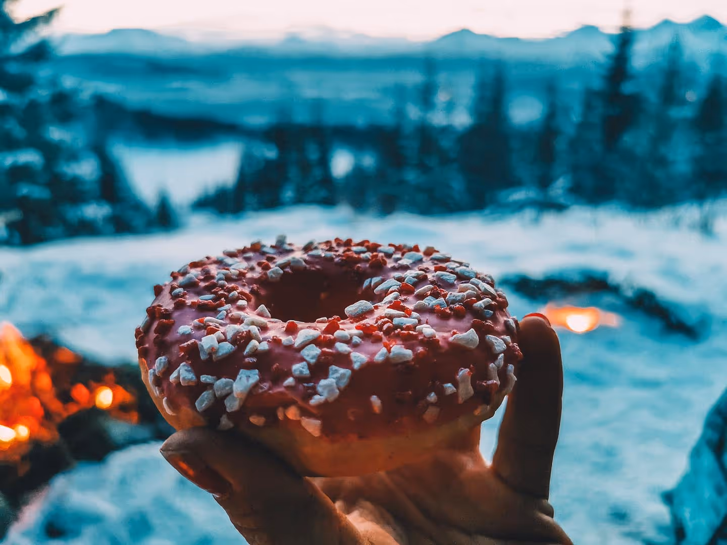 Hand holding a donut with pink icing and white sprinkles against a snowy outdoor background with a fire burning.