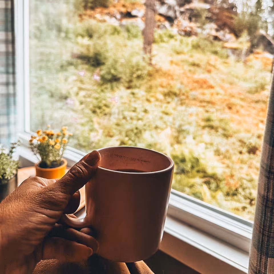 Person holding a brown coffee mug near a window with potted plants and a blurred outdoor view.