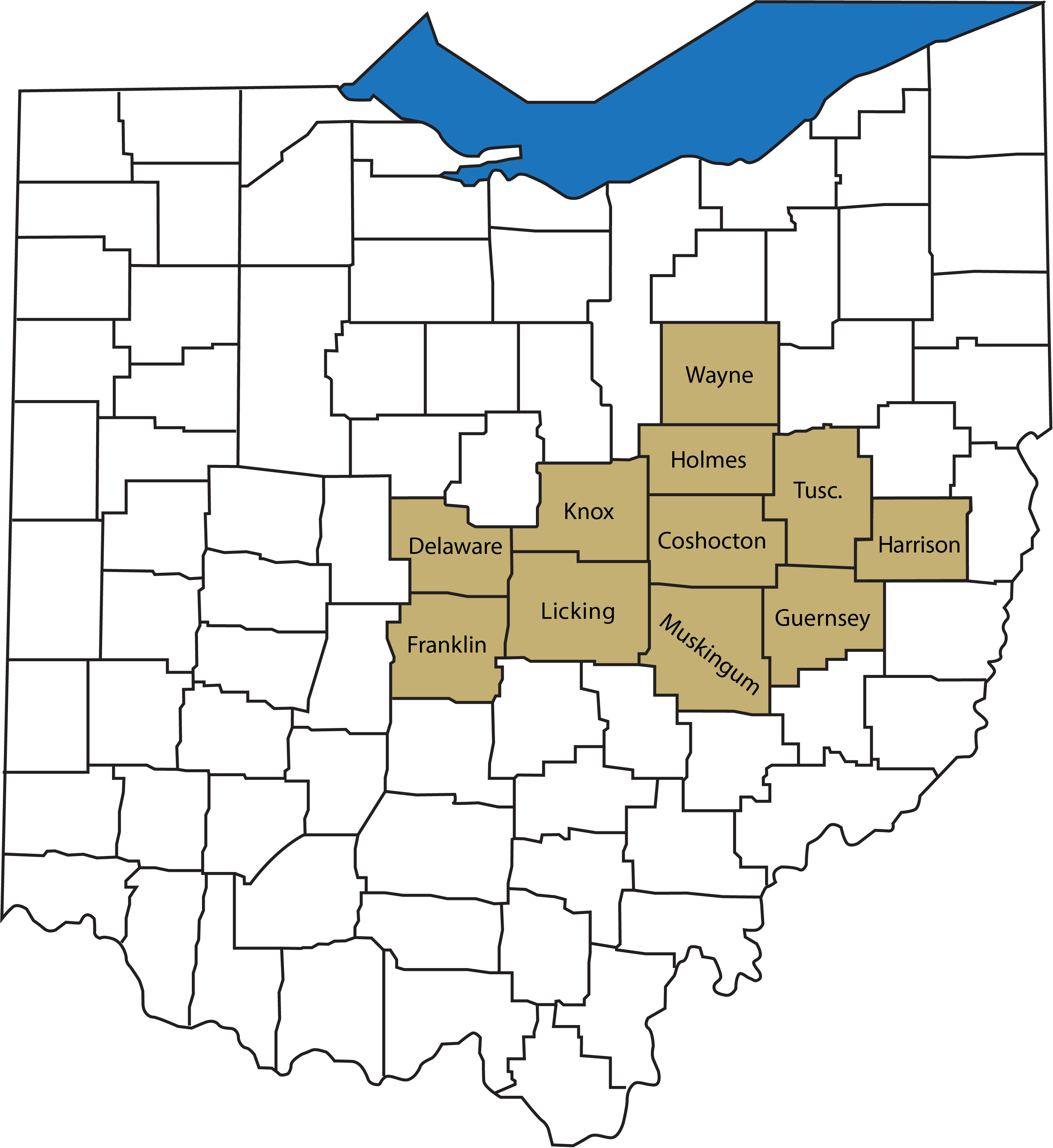 Ohio county map, highlighting our service areas.