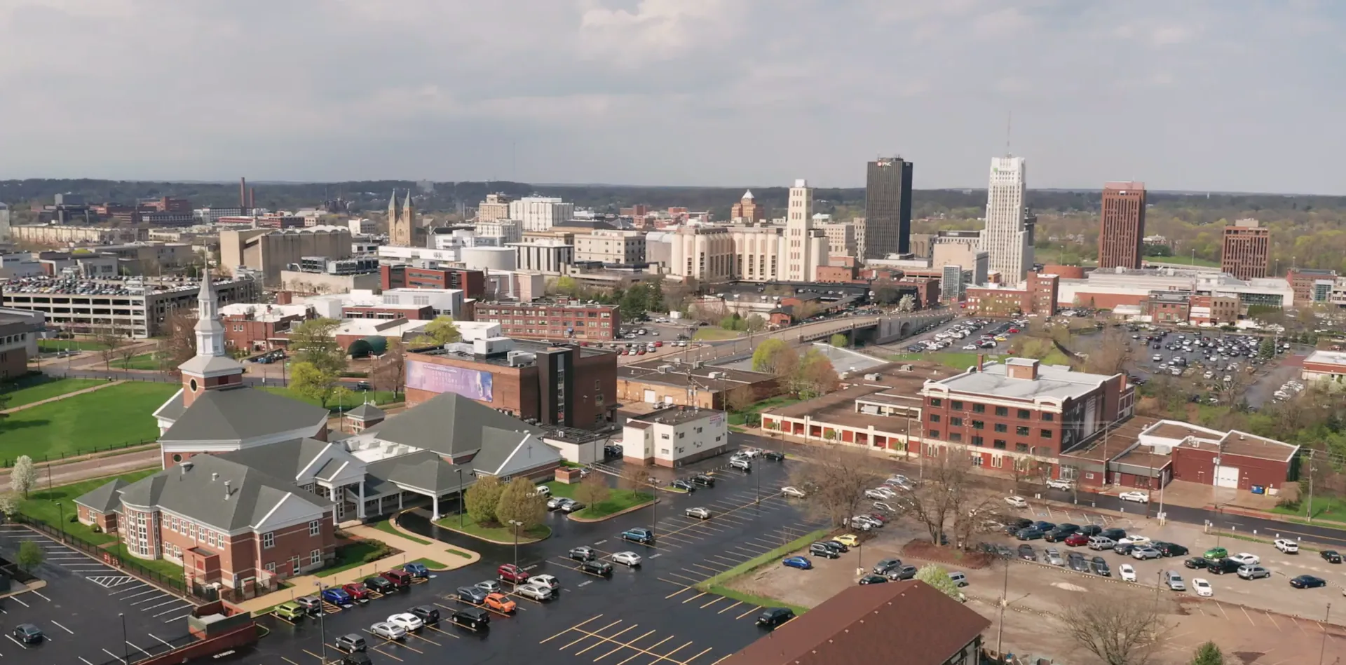 Aerial overview of Akron, Ohio, and parking lots with new pavement.