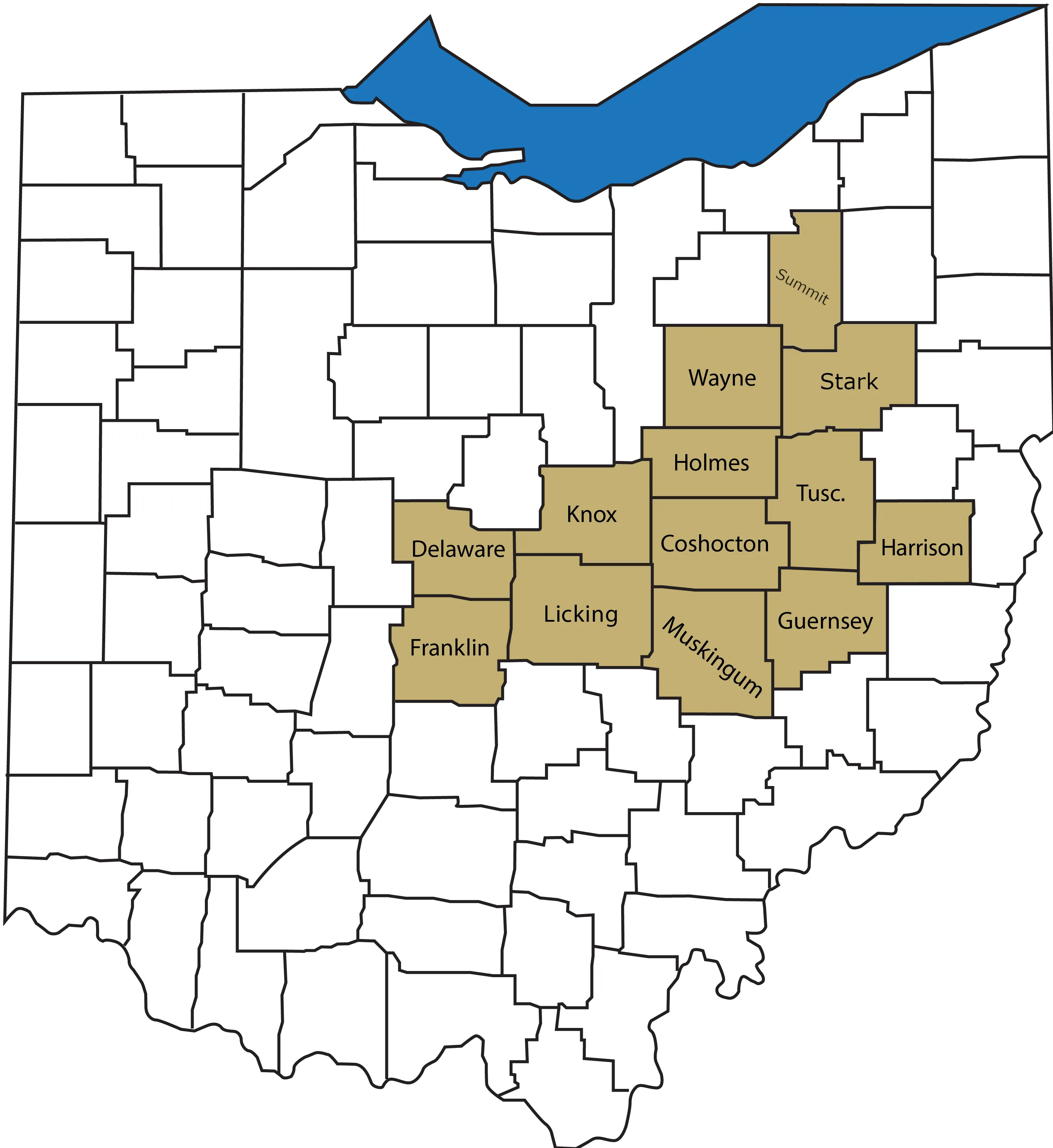 Ohio county map, highlighting our service areas.
