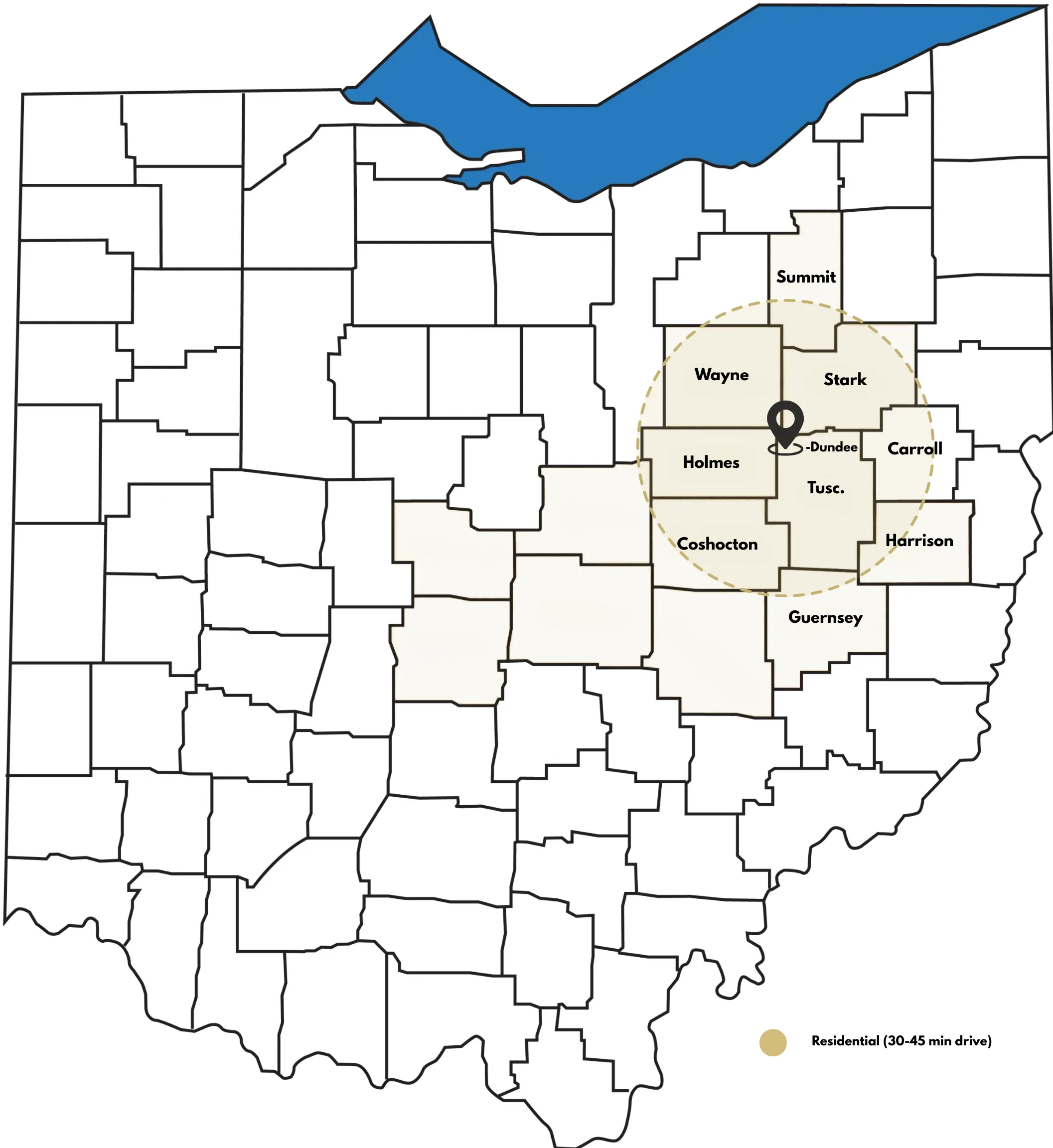 Ohio map highlighting residential counties within a 30-45 minute drive around Dundee in Tuscarawas County.