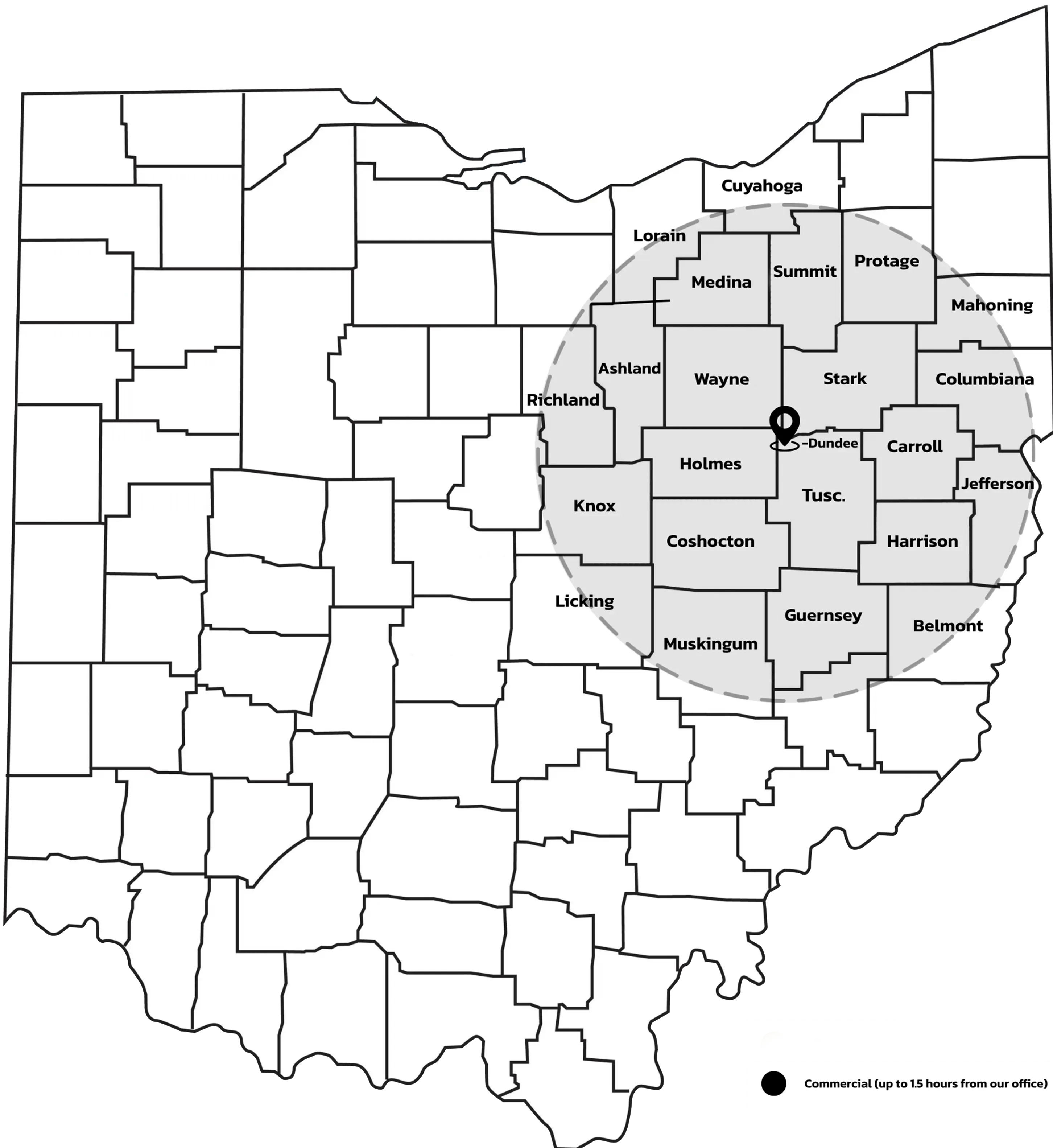Map of Ohio counties with a circle showing commercial service coverage around Dundee up to 1.5 hours away.